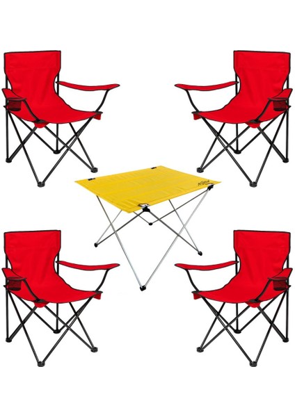 4 Adet Katlanır Kamp Sandalyesi ve Masa Seti - (DY.001) - Kırmızı/sarı - Plaj Sandalyesi