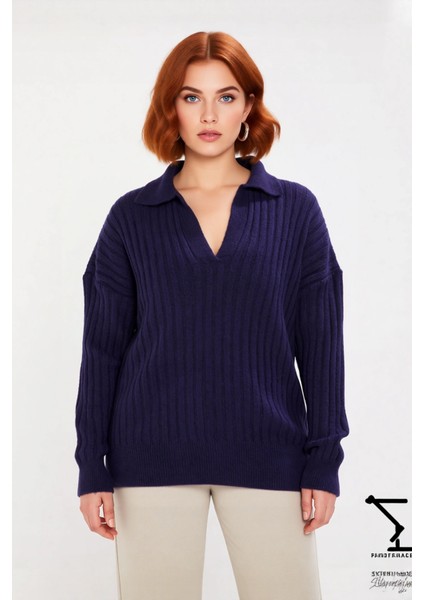 Kadın Büyük Beden Fitilli Düşük Kol Polo Yaka Triko Kazak Kış Şıklığı ve Konforu Sunuyor Kaliteli