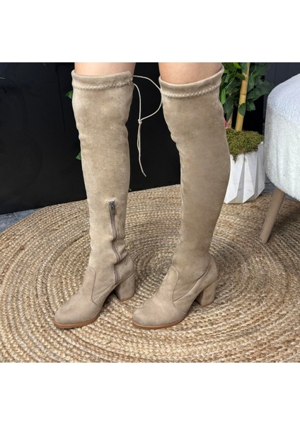 Süet Uzun Boy Bej Çizme M4501