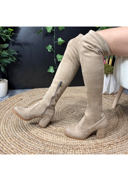 Süet Uzun Boy Bej Çizme M4501 modelleri