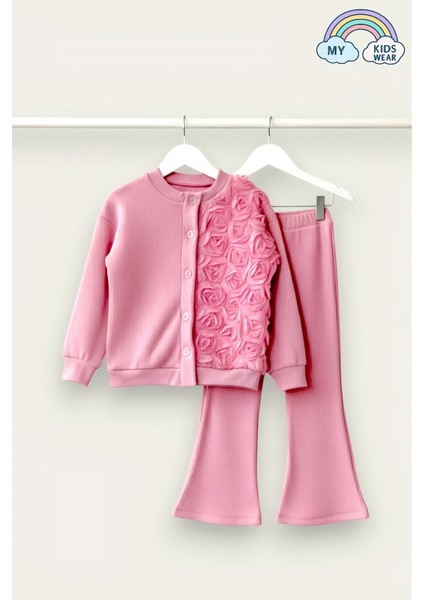 Kız Çocuk Tül Gül Aplikeli Triko Hırka Ikili Takım 3-10 Yaş 12211