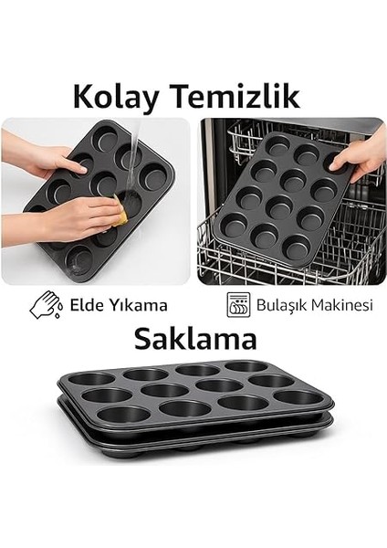 12 Gözlü Metal Muffin Kalıbı – Yapışmaz Kaplama, Fırın Uyumlu, Dayanıklı Siyah Muffin ve Cupcake Tepsisi, Kek Kalıbı modelleri