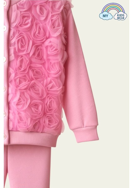 Kız Çocuk Tül Gül Aplikeli Triko Hırka Ikili Takım 3-10 Yaş 12211 fiyatları