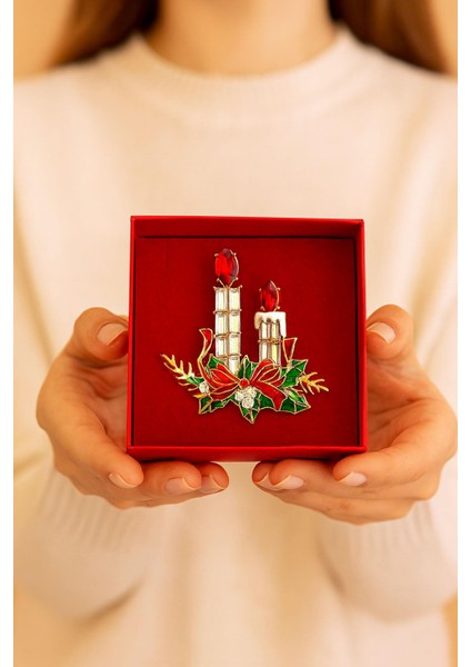 Yılbaşı Detaylı Mumlar Taşlı Yaka Iğnesi Broş