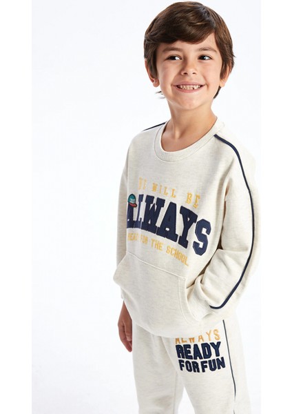 Lcw Kids Ekru Bisiklet Yaka Baskılı Erkek Çocuk Sweatshirt