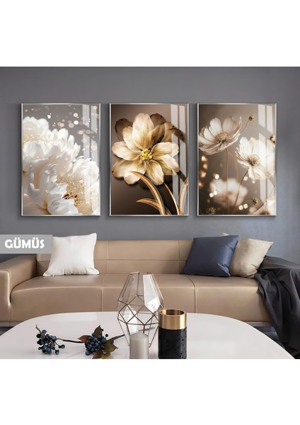 |gold Soft Detaylar Manolya Çiçek Kombini |çerçeveli Cam Tablo 3lü Dikey