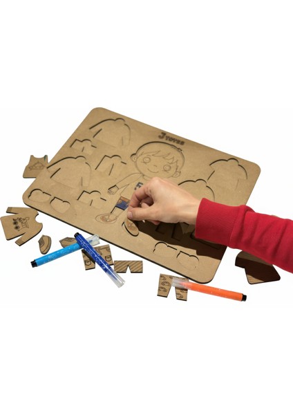 Çocuk Boyama & Giydirme Oyunu | Ahşap Eğitici Boyama & Giysi Giydirme Puzzle Seti | Erkek Çocuk Oyuncağı 3+ Yaş | Kişiselleştirilebilir Montessori Oyuncak