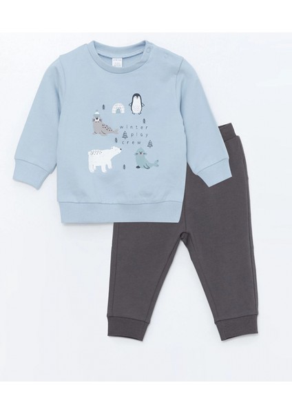 Lcw Baby Mavi Bisiklet Yaka Baskılı Erkek Bebek Sweatshirt ve Eşofman Alt 2'li Takım