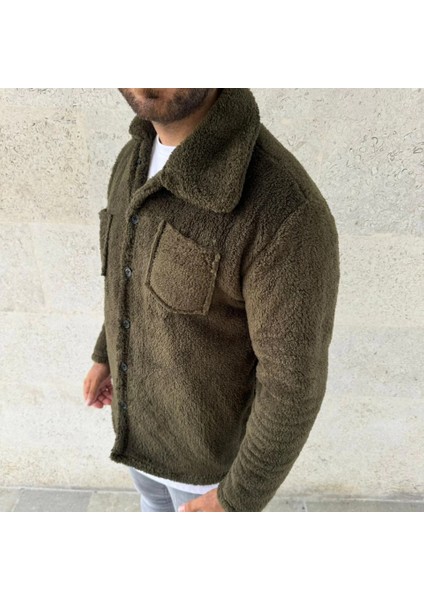 Erkek Pelüş Polar Hırka Gömlek – Yakalı, Ilik Düğmeli, Göğüs Cepli, Yumuşak Dokulu Kışlık Regular Fit Rahat Günlük Model - Haki modelleri