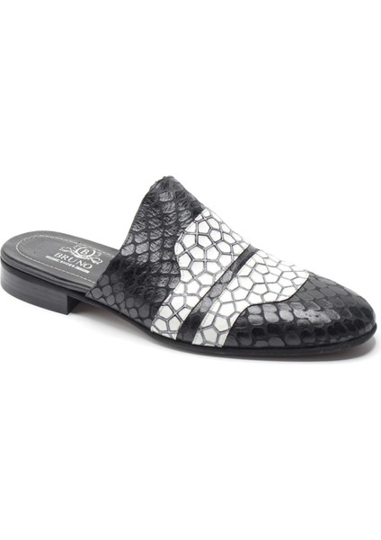 Siyah Beyaz Yılan Desenli Hakiki Deri Erkek Sabo Half Shoes