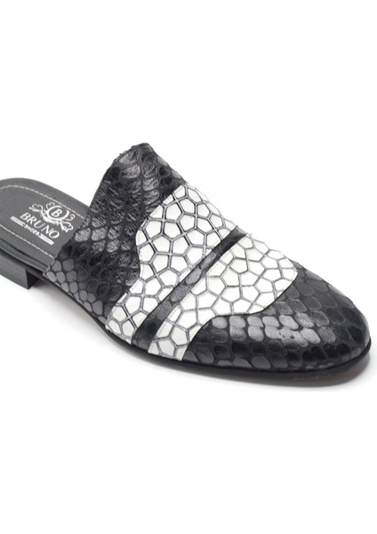Siyah Beyaz Yılan Desenli Hakiki Deri Erkek Sabo Half Shoes modelleri