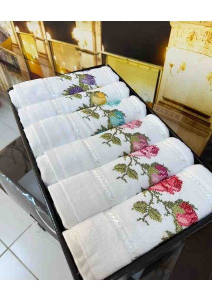 %100 Pamuklu Iğne Oyası Lale Desen Işlemeli Kadife Lüx Çeyizlik El ve Yüz Havlu Seti Kutulu Set