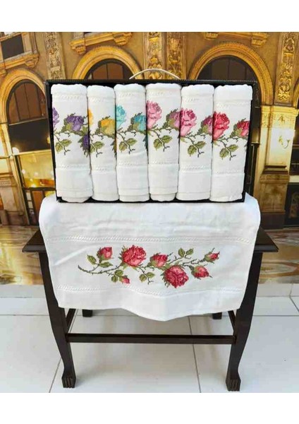 %100 Pamuklu Iğne Oyası Lale Desen Işlemeli Kadife Lüx Çeyizlik El ve Yüz Havlu Seti Kutulu Set fiyatları