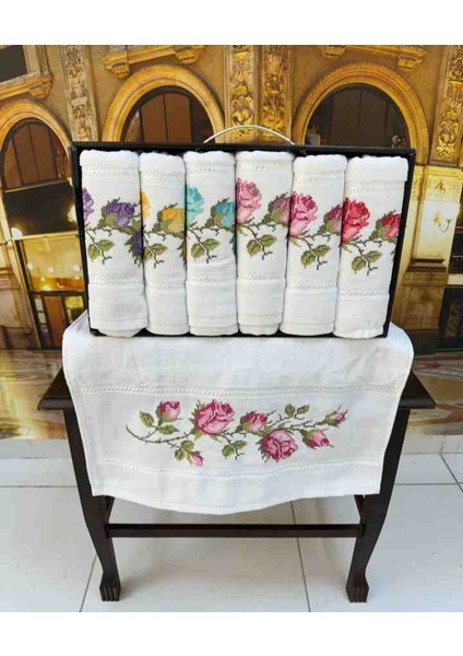 %100 Pamuklu Iğne Oyası Lale Desen Işlemeli Kadife Lüx Çeyizlik El ve Yüz Havlu Seti Kutulu Set modelleri