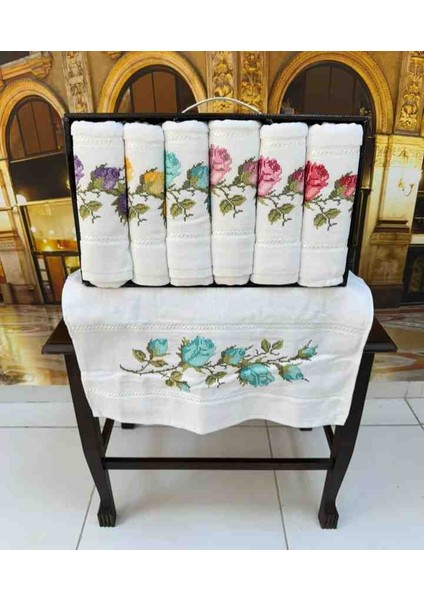 %100 Pamuklu Iğne Oyası Lale Desen Işlemeli Kadife Lüx Çeyizlik El ve Yüz Havlu Seti Kutulu Set fırsatları