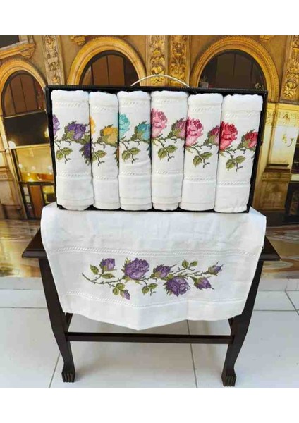 %100 Pamuklu Iğne Oyası Lale Desen Işlemeli Kadife Lüx Çeyizlik El ve Yüz Havlu Seti Kutulu Set indirimleri