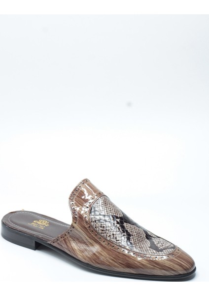 Vizon Yılan ve Ahşap Desenli Baskılı Hakiki Deri Neolit Taban Half Shoes Erkek Sabo