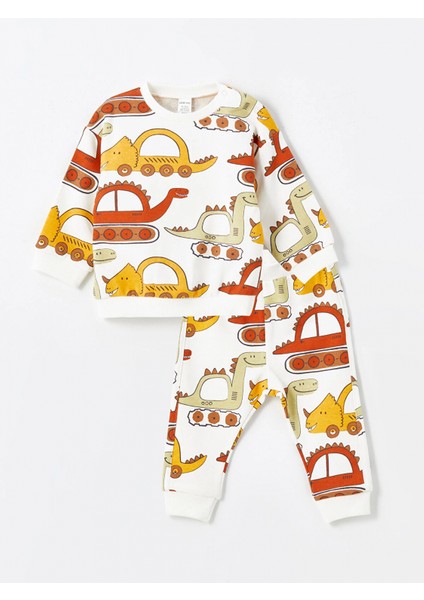 Lcw Baby Bej Bisiklet Yaka Uzun Kollu Baskılı Erkek Bebek Sweatshirt ve Eşofman Alt 2'li Takım