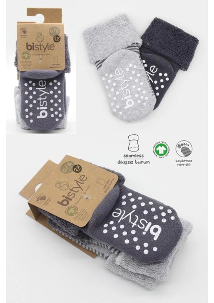 Çemberli Kaymaz Havlu Soket Çorap 2'li Gri-Antrasit