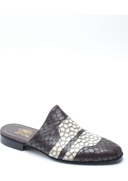 Kahverengi Krem Yılan Desenli Hakiki Deri Erkek Sabo Half Shoes