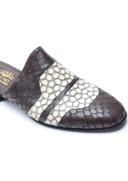 Kahverengi Krem Yılan Desenli Hakiki Deri Erkek Sabo Half Shoes modelleri