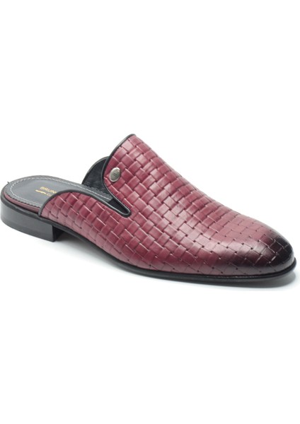 Bordo Rengi Hakiki Deri Örgü Desenli Neolit Tabanlı Half Shoes Erkek Sabo Ayakkabı