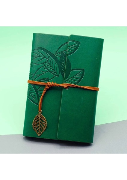 Yeşil Deri Kapaklı Yaprak Desenli Defter - Lisinya