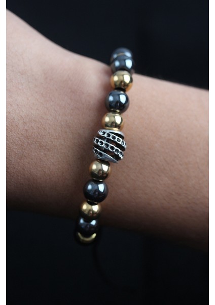 Doğal Taş Sarmal Model Gold ve Füme Renk Asansörlü Erkek Bileklik - Lisinya