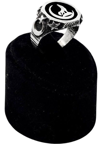 Yuvarlak Mineli Hilal Bozkurt Gümüş Erkek Yüzük