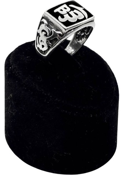 Siyah Mineli Allah Yazılı Gümüş Erkek Yüzük