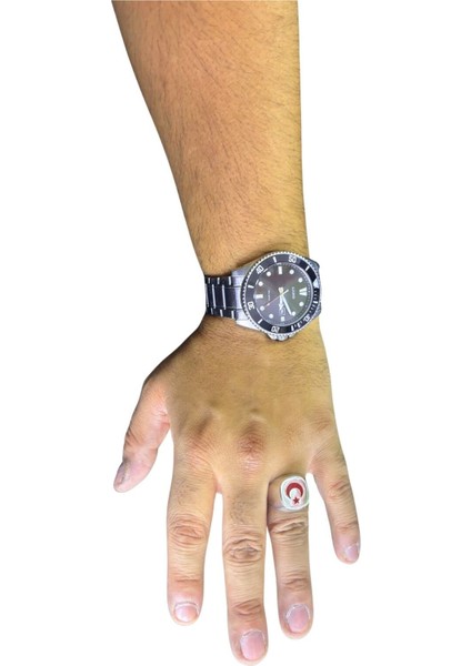 Kırmızı Mineli Ay Yıldız Türk Bayrağı Cilalı Gümüş Erkek Yüzük modelleri