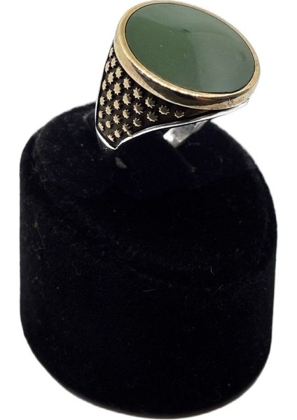 Iri Yuvarlak Haki Mineli Gümüş Erkek Yüzük