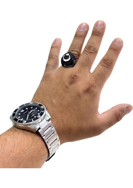 Siyah Taşlı Türk Bayraklı Karartma Gümüş Erkek Yüzük modelleri