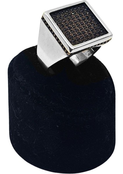 Siyah Taş Bezeli Kare Gümüş Erkek Yüzük