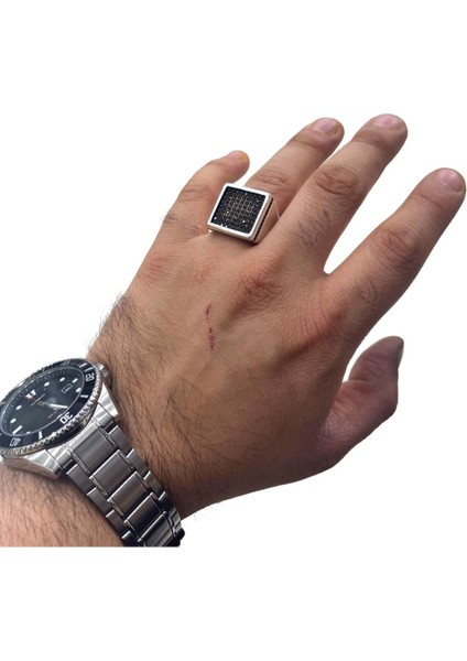 Siyah Taş Bezeli Kare Gümüş Erkek Yüzük modelleri