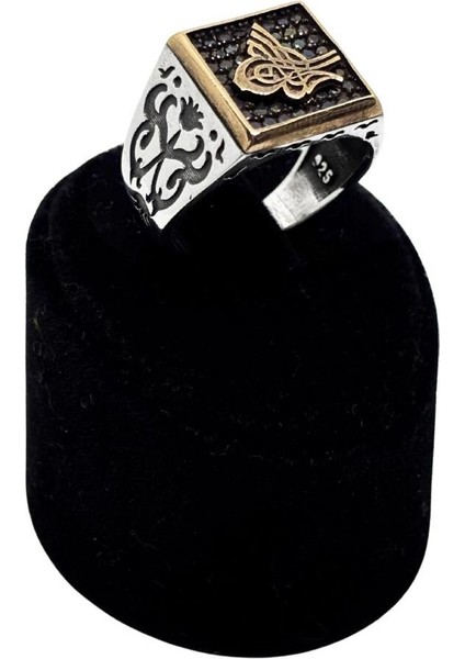 Kare Siyah Taşlı Osmanlı Tuğra Gümüş Erkek Yüzük
