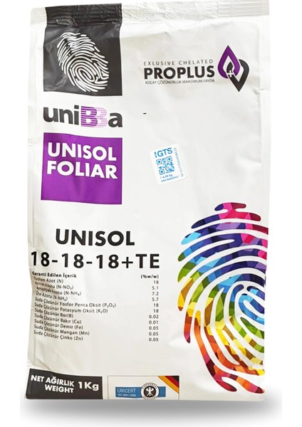 Unisol Foliar 18-18-18+Te Yaprak Gübresi Mikro Element 1kg