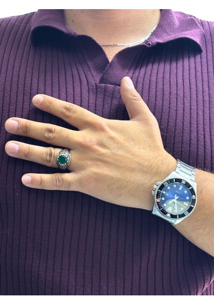 Yuvarlak Kesme Zümrüt Gümüş Erkek Yüzük modelleri