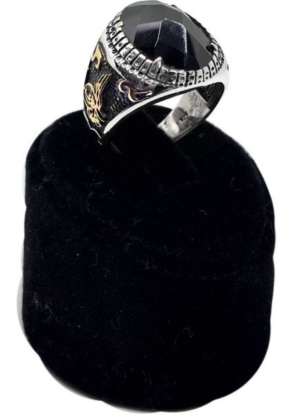 Kesme Siyah Oniks Taşlı Tuğra Gümüş Erkek Yüzük