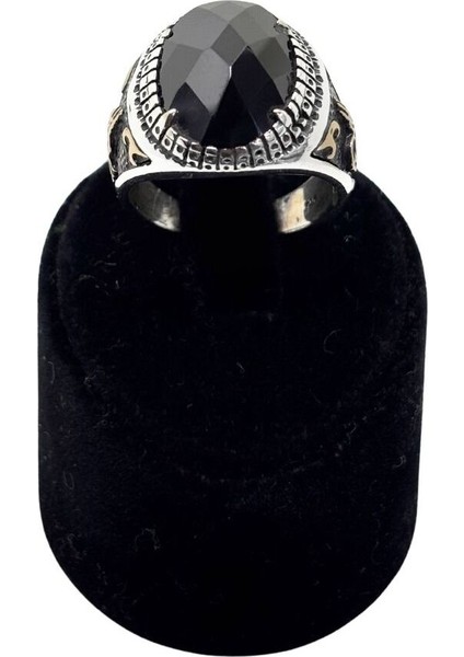 Kesme Siyah Oniks Taşlı Tuğra Gümüş Erkek Yüzük fiyatları