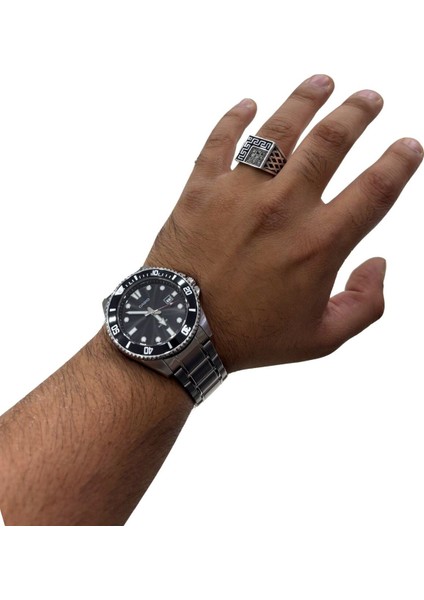 Markazit Taşlı Greg Desenli Kare Gümüş Erkek Yüzük modelleri