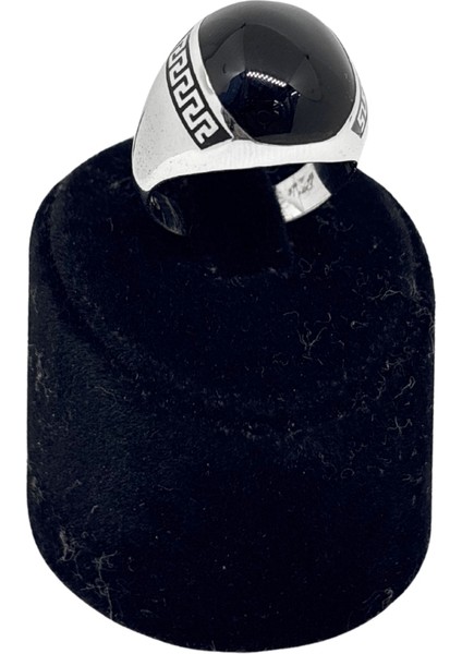 Grek Desen Yuvarlak Siyah Mineli Gümüş Erkek Yüzük