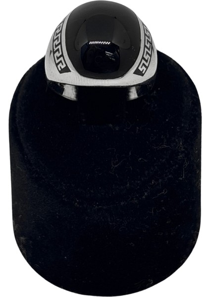 Grek Desen Yuvarlak Siyah Mineli Gümüş Erkek Yüzük fiyatları