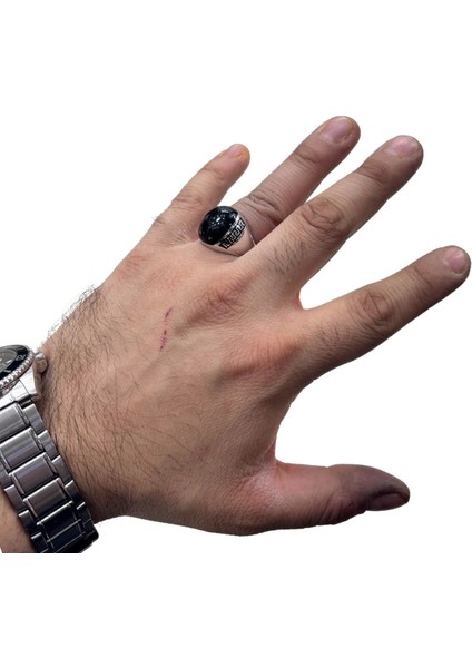 Grek Desen Yuvarlak Siyah Mineli Gümüş Erkek Yüzük modelleri