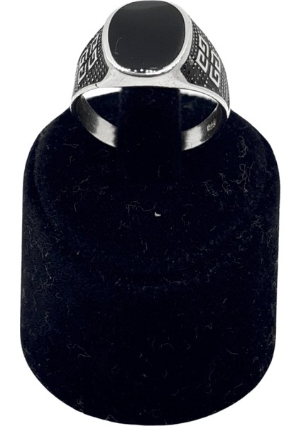 Meander Motif Oval Siyah Mineli Gümüş Erkek Yüzük fiyatları