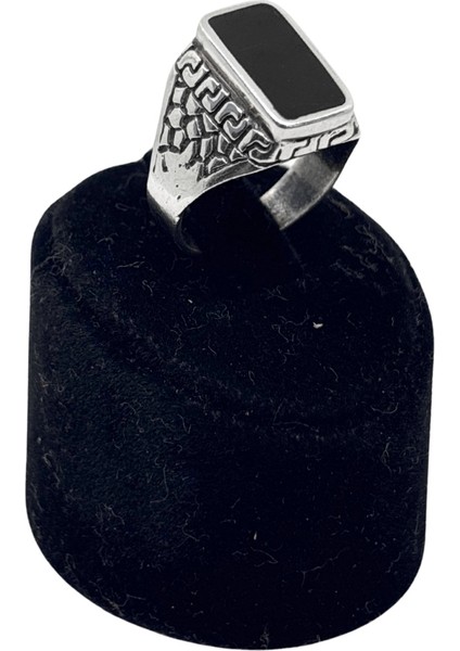 Siyah Mineli Dikdörtgen Gümüş Erkek Yüzük