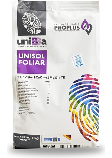 Unisol Foliar Npk Yaprak Gübresi 11-5-19+(9cao)+(2mgo)+Te 1 kg