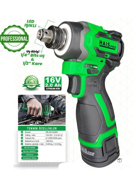 Haispro 180 Nm Tork Akülü Somun Sıkma - Profesyonel Akülü Vidalama - 2x2 Ah Çift Akü - RB-SD1608W