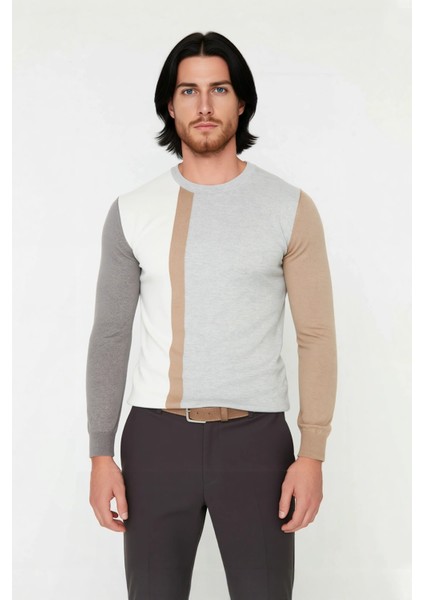 Erkek Basic Siluet Bisiklet Yaka Renk Bloklu Uzun Kollu Fitted Kalıp Intersia Triko Kazak Kaliteli