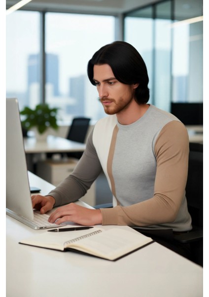 Erkek Basic Siluet Bisiklet Yaka Renk Bloklu Uzun Kollu Fitted Kalıp Intersia Triko Kazak Kaliteli fırsatları